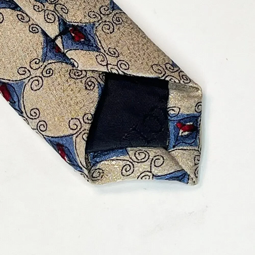 Jerry J. Garcia Geometric Print Mens Neck Tie Beige Blue Burgundy 100% Silk